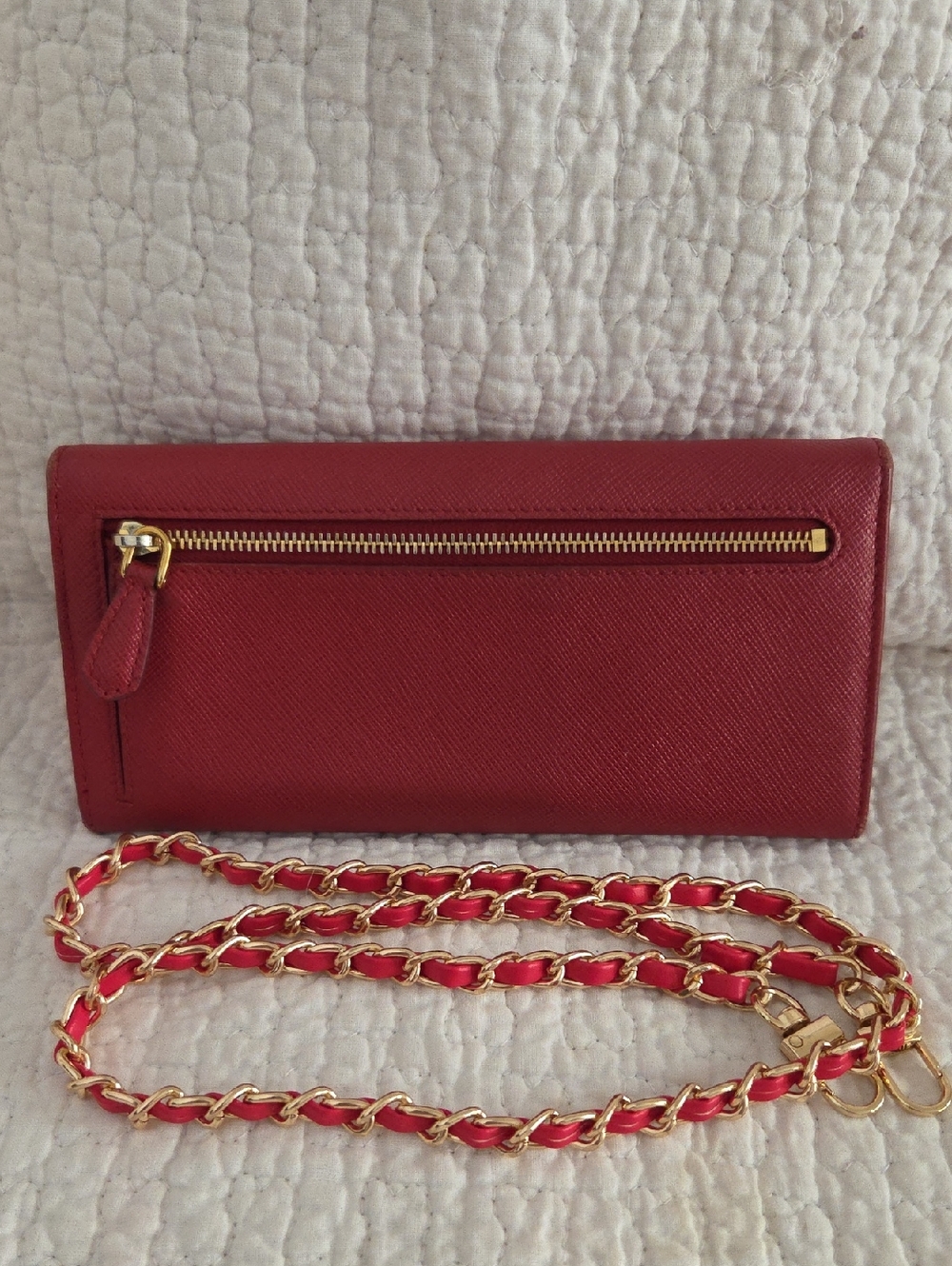Prada Red Saffiano Leather Crossbody with unbranded red and gold chain - Picture 3 of 9